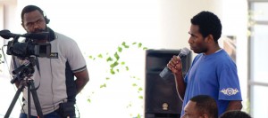 A man asks a question during the Opposition Face to Face event in Port Vila.