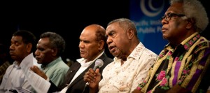 Former Vanuatu President Ati George Sokomanu speaks during a party leaders' policy debate in Port Vila.