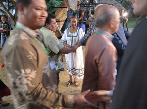 FLNKS Foreign Minister Mme Caroline Manchoro-Reignier welcomes MSG leaders to the opening night at Tjibaou Cultural Centre, Noumea 2013