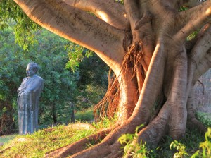 Statue of assasinated Kanak leader Jean Marie Tjibaou overlooking the cultural centre, Noumea 2013.