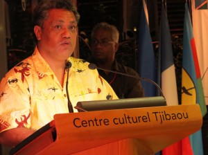 MSG Director General Peter Forau makes a speech at the closing ceremony at the Tjibaou Cultural Centre, Noumea 2013.